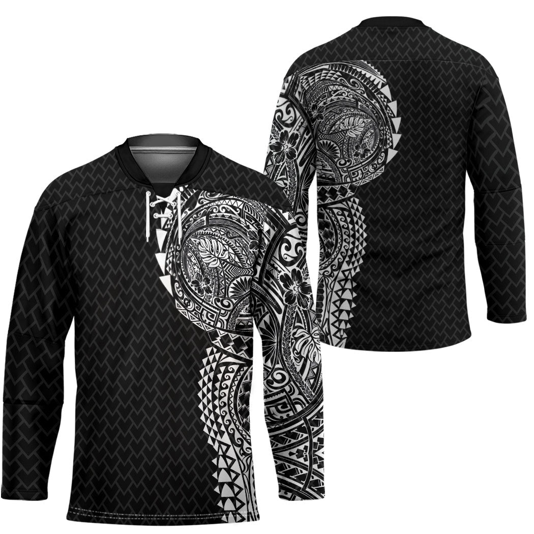 Hawaiian Traditional Tattoos Hockey Jersey Kakau Tribal Tropical Plant Motif Black Color