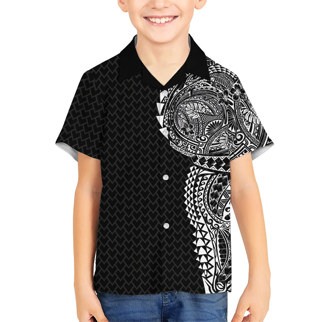 Hawaiian Traditional Tattoos Kid Hawaiian Shirt Kakau Tribal Tropical Plant Motif Black Color LT03 Kid Black - Polynesian Pride