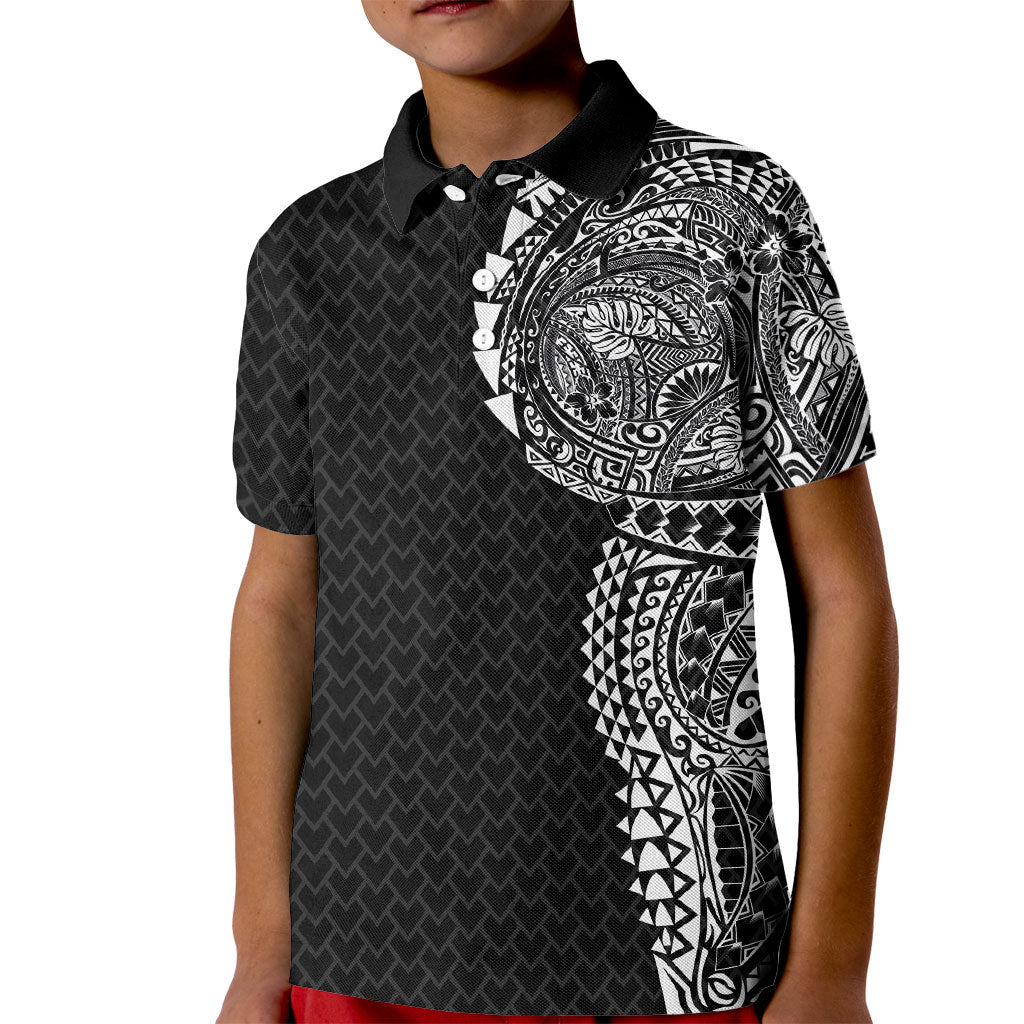 Hawaiian Traditional Tattoos Kid Polo Shirt Kakau Tribal Tropical Plant Motif Black Color