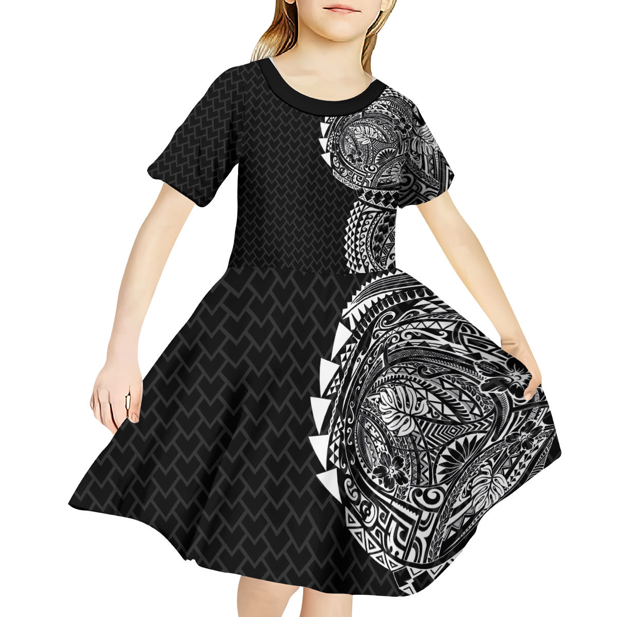 Hawaiian Traditional Tattoos Kid Short Sleeve Dress Kakau Tribal Tropical Plant Motif Black Color
