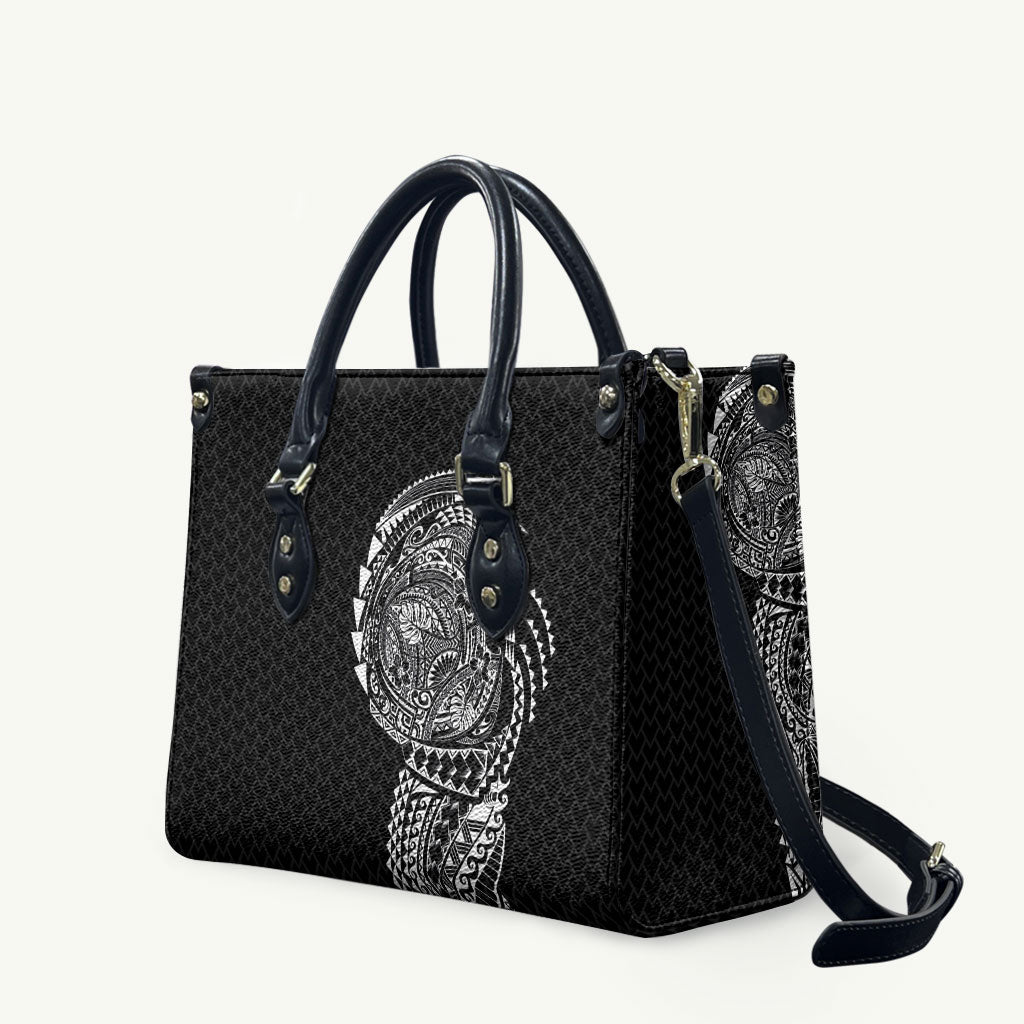 Hawaiian Traditional Tattoos Leather Bag Kakau Tribal Tropical Plant Motif Black Color