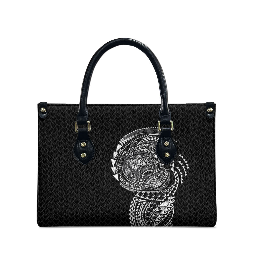 Hawaiian Traditional Tattoos Leather Bag Kakau Tribal Tropical Plant Motif Black Color
