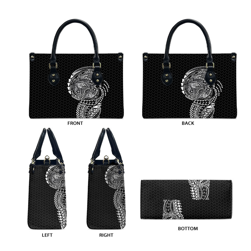 Hawaiian Traditional Tattoos Leather Bag Kakau Tribal Tropical Plant Motif Black Color