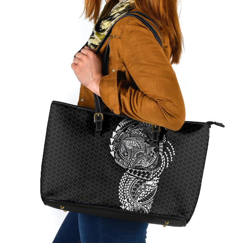Hawaiian Traditional Tattoos Leather Tote Bag Kakau Tribal Tropical Plant Motif Black Color