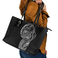 Hawaiian Traditional Tattoos Leather Tote Bag Kakau Tribal Tropical Plant Motif Black Color