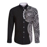 Hawaiian Traditional Tattoos Long Sleeve Button Shirt Kakau Tribal Tropical Plant Motif Black Color