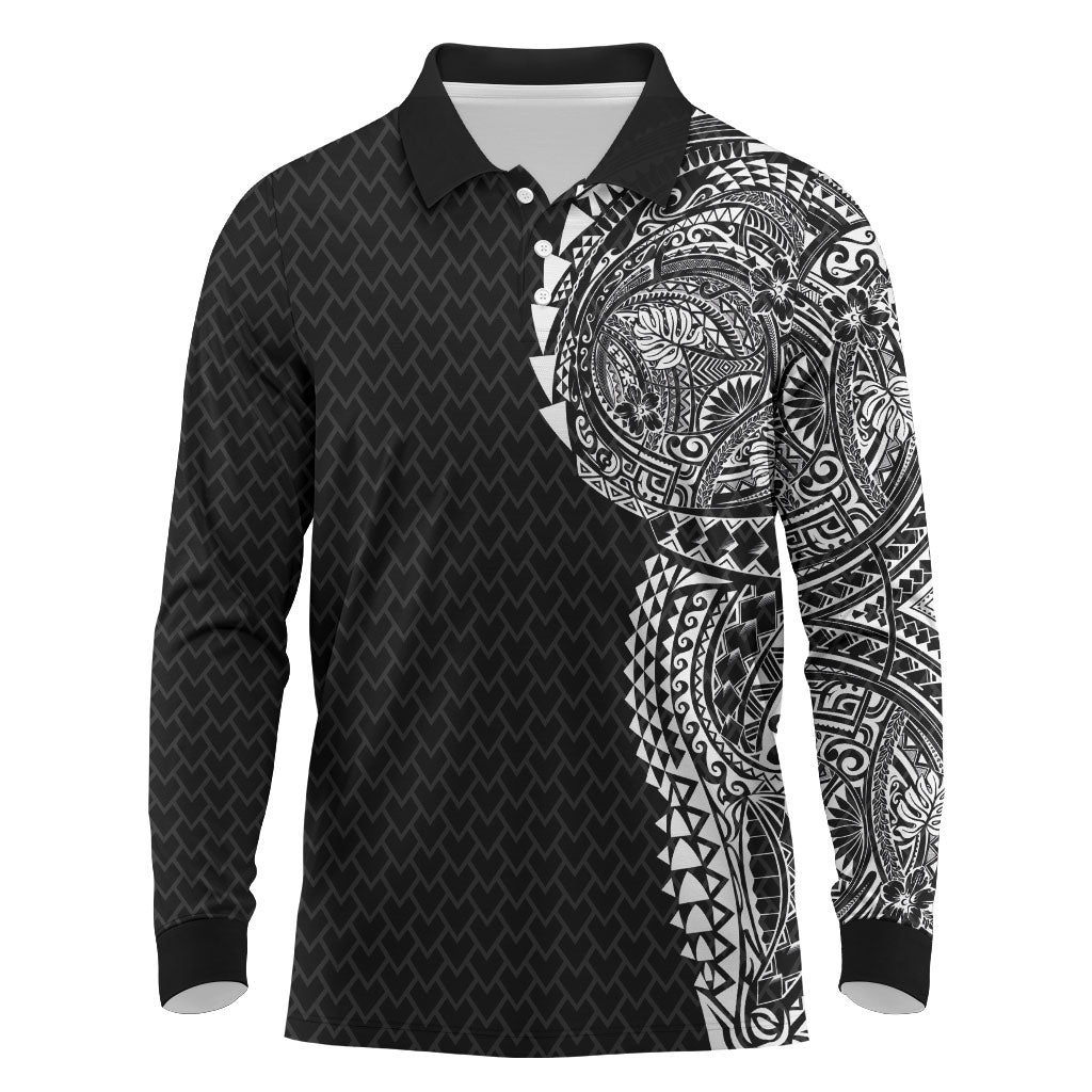 Hawaiian Traditional Tattoos Long Sleeve Polo Shirt Kakau Tribal Tropical Plant Motif Black Color