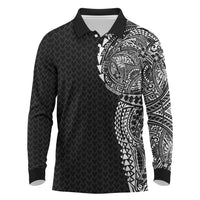 Hawaiian Traditional Tattoos Long Sleeve Polo Shirt Kakau Tribal Tropical Plant Motif Black Color