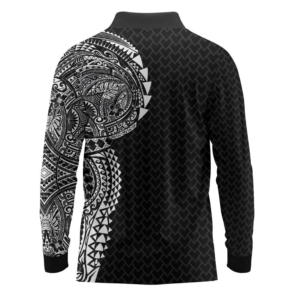 Hawaiian Traditional Tattoos Long Sleeve Polo Shirt Kakau Tribal Tropical Plant Motif Black Color