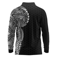 Hawaiian Traditional Tattoos Long Sleeve Polo Shirt Kakau Tribal Tropical Plant Motif Black Color