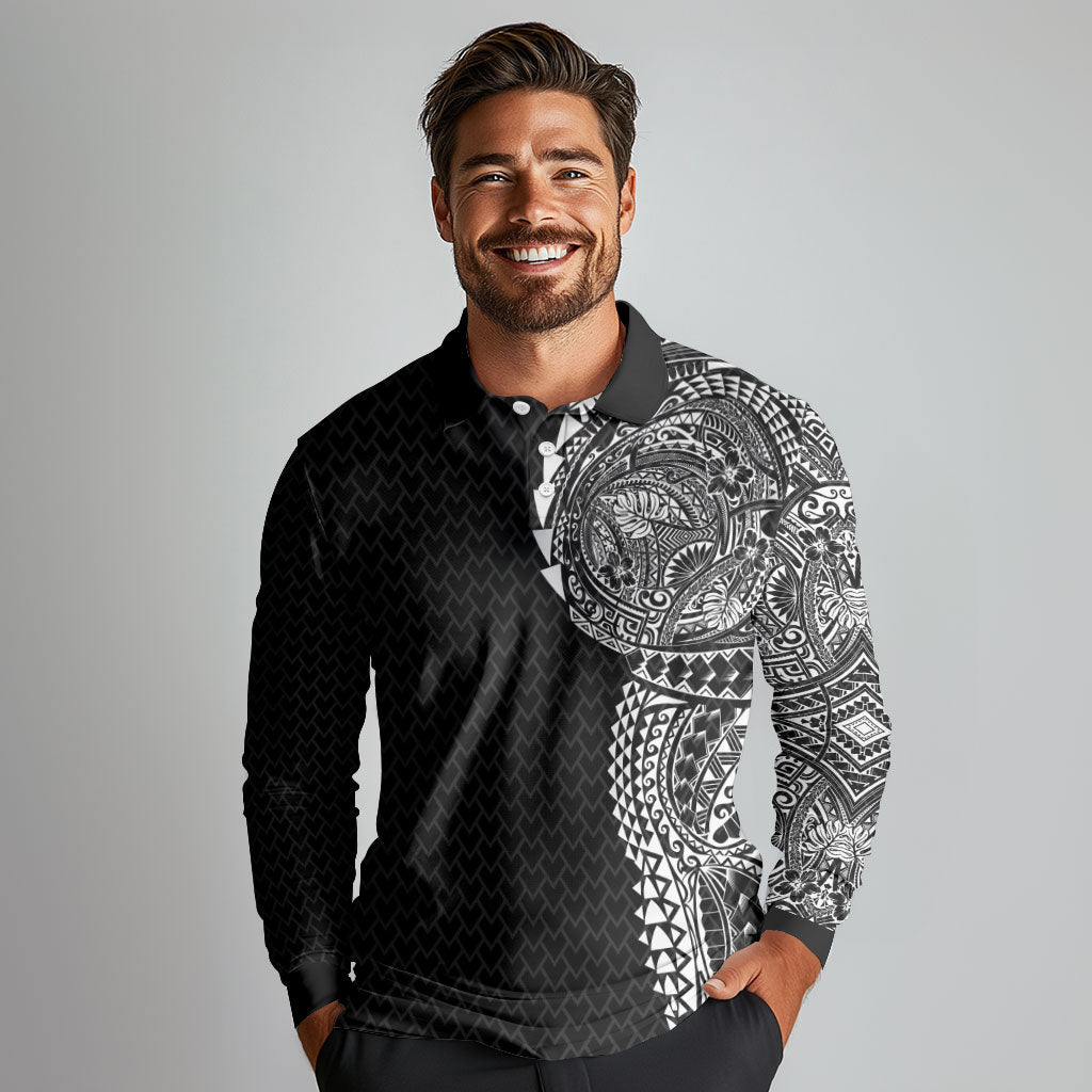 Hawaiian Traditional Tattoos Long Sleeve Polo Shirt Kakau Tribal Tropical Plant Motif Black Color