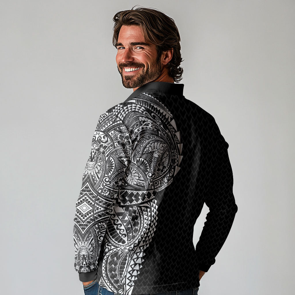 Hawaiian Traditional Tattoos Long Sleeve Polo Shirt Kakau Tribal Tropical Plant Motif Black Color