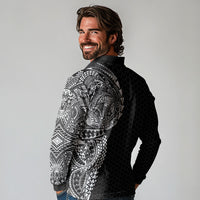 Hawaiian Traditional Tattoos Long Sleeve Polo Shirt Kakau Tribal Tropical Plant Motif Black Color