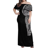 Hawaiian Traditional Tattoos Off Shoulder Maxi Dress Kakau Tribal Tropical Plant Motif Black Color