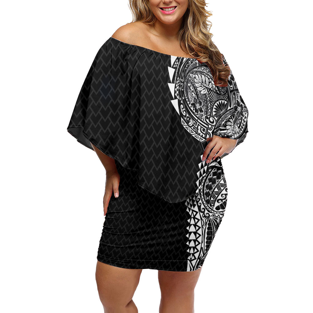 Hawaiian Traditional Tattoos Off Shoulder Short Dress Kakau Tribal Tropical Plant Motif Black Color