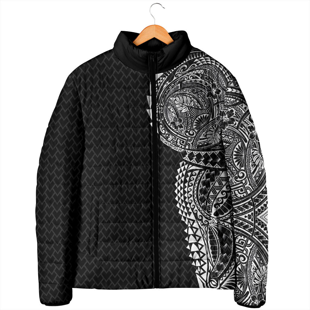 Hawaiian Traditional Tattoos Padded Jacket Kakau Tribal Tropical Plant Motif Black Color