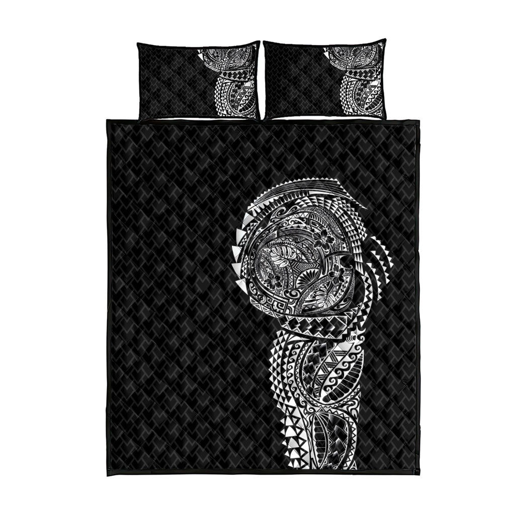 Hawaiian Traditional Tattoos Quilt Bed Set Kakau Tribal Tropical Plant Motif Black Color