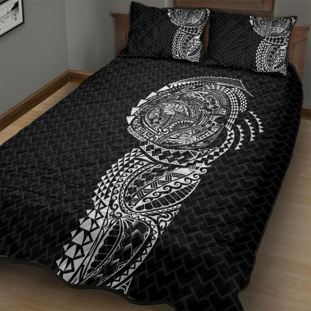 Hawaiian Traditional Tattoos Quilt Bed Set Kakau Tribal Tropical Plant Motif Black Color