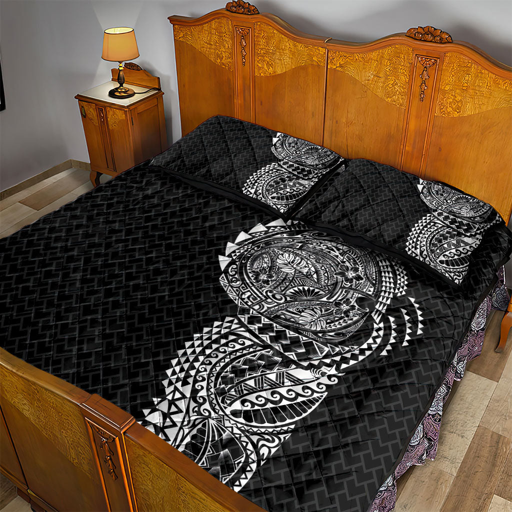 Hawaiian Traditional Tattoos Quilt Bed Set Kakau Tribal Tropical Plant Motif Black Color