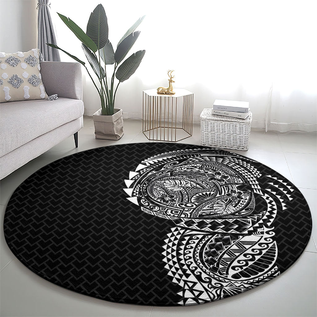 Hawaiian Traditional Tattoos Round Carpet Kakau Tribal Tropical Plant Motif Black Color