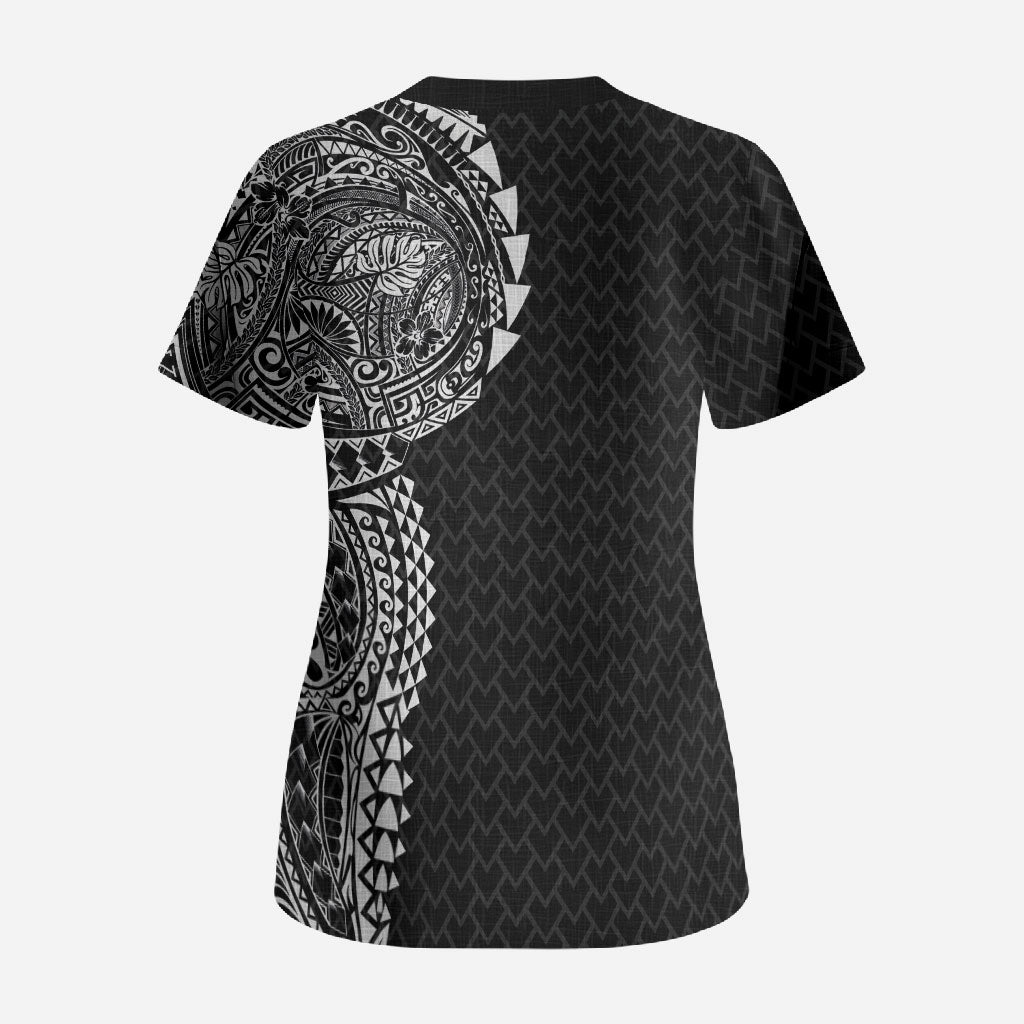 Hawaiian Traditional Tattoos Scrub Top Kakau Tribal Tropical Plant Motif Black Color