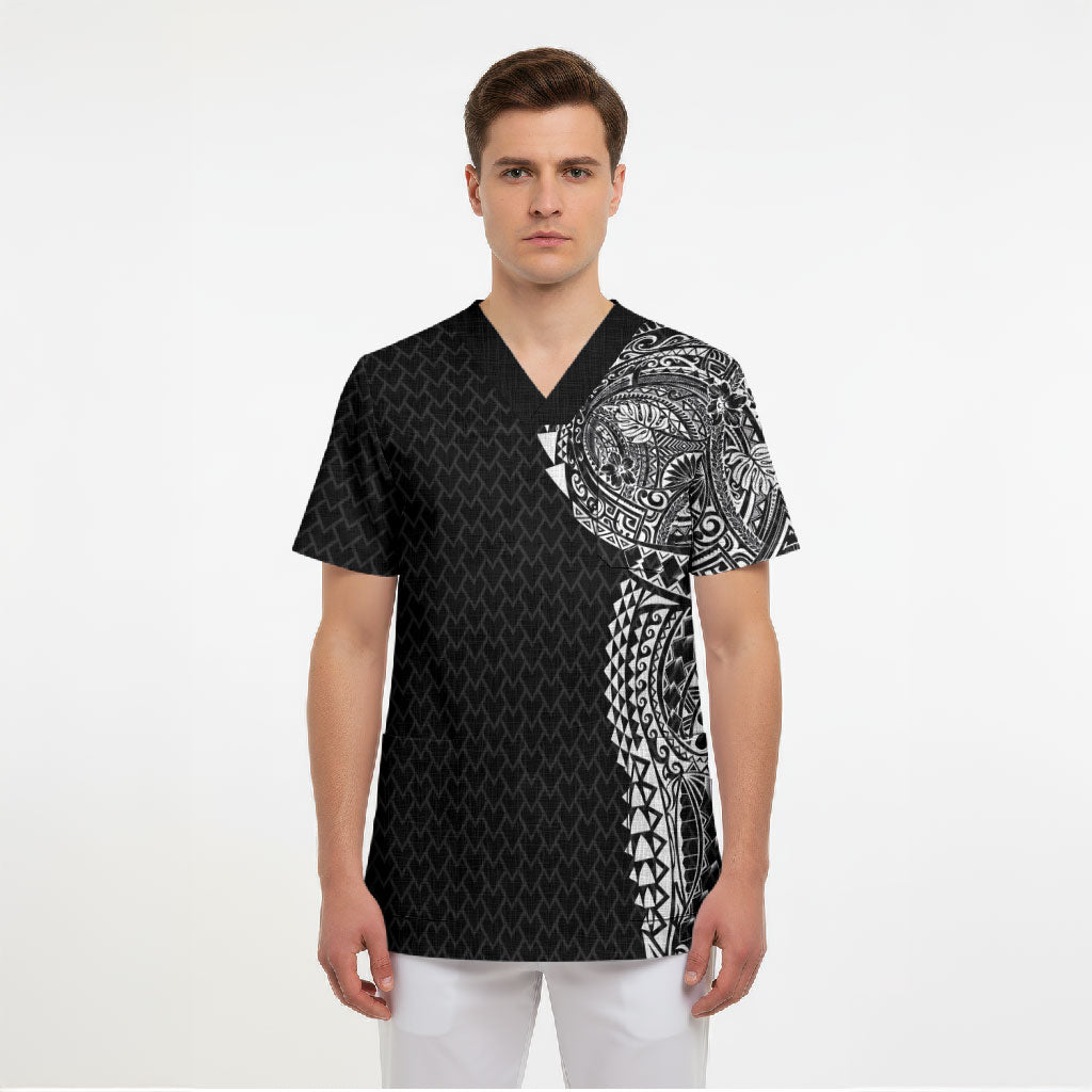 Hawaiian Traditional Tattoos Scrub Top Kakau Tribal Tropical Plant Motif Black Color