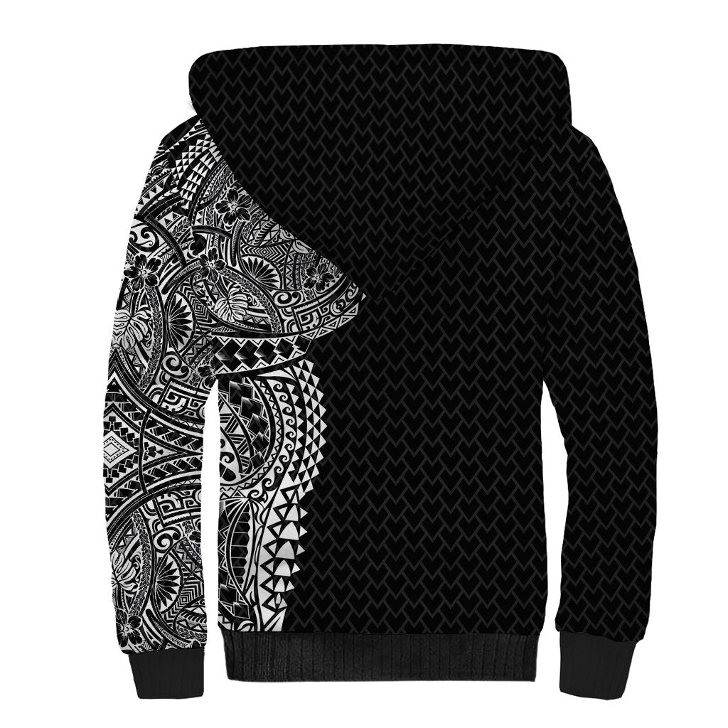 Hawaiian Traditional Tattoos Sherpa Hoodie Kakau Tribal Tropical Plant Motif Black Color
