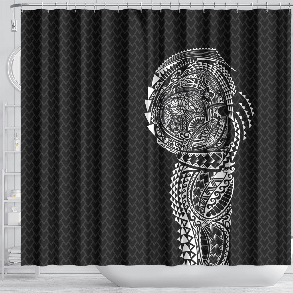 Hawaiian Traditional Tattoos Shower Curtain Kakau Tribal Tropical Plant Motif Black Color