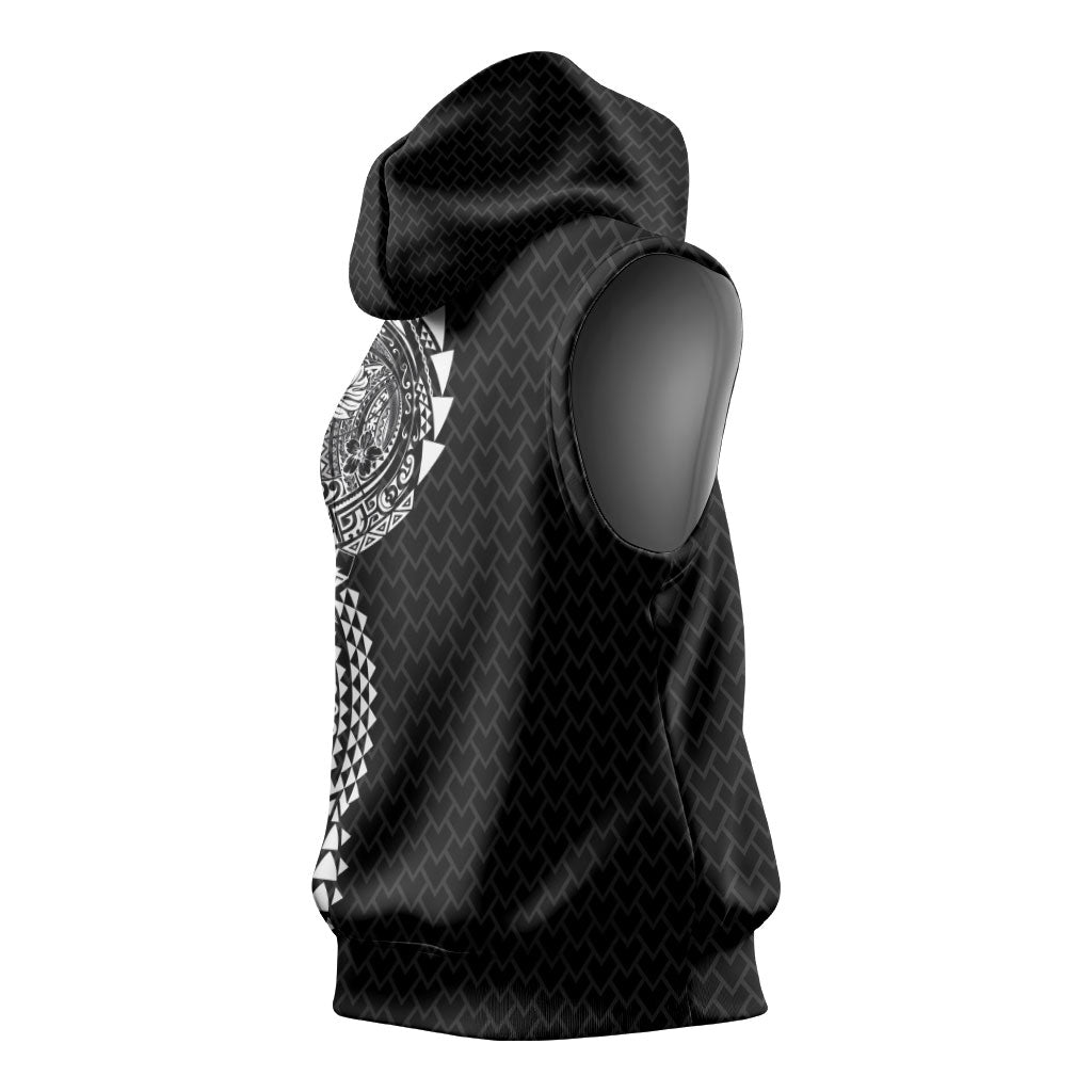 Hawaiian Traditional Tattoos Sleeveless Hoodie Kakau Tribal Tropical Plant Motif Black Color