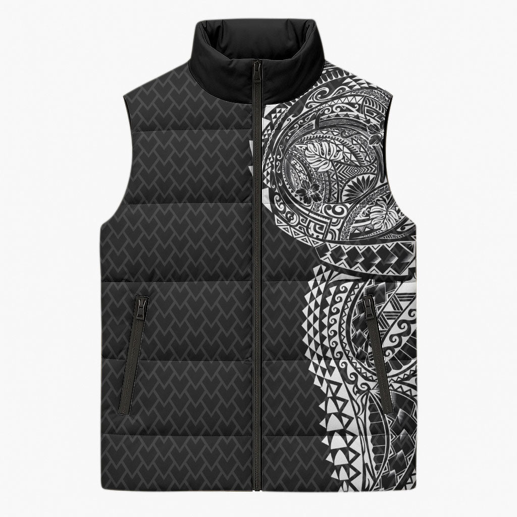 Hawaiian Traditional Tattoos Sleeveless Puffer Jacket Kakau Tribal Tropical Plant Motif Black Color