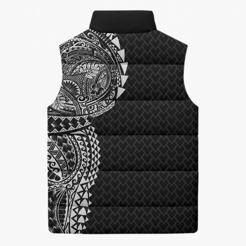 Hawaiian Traditional Tattoos Sleeveless Puffer Jacket Kakau Tribal Tropical Plant Motif Black Color