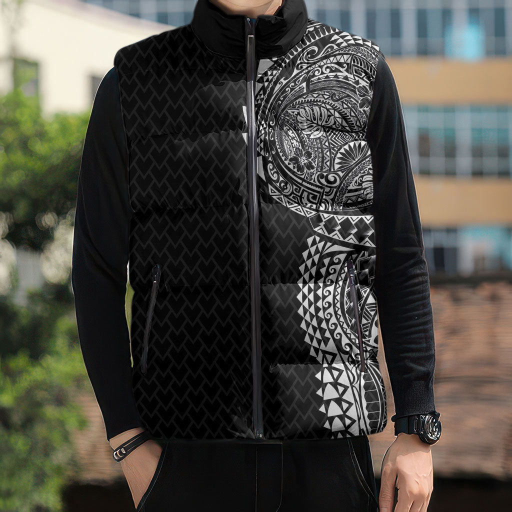 Hawaiian Traditional Tattoos Sleeveless Puffer Jacket Kakau Tribal Tropical Plant Motif Black Color