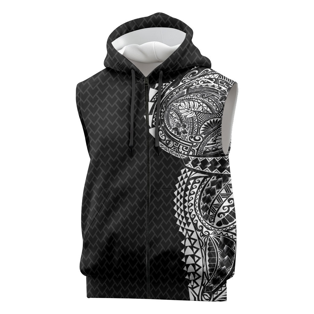 Hawaiian Traditional Tattoos Sleeveless Zip Hoodie Kakau Tribal Tropical Plant Motif Black Color
