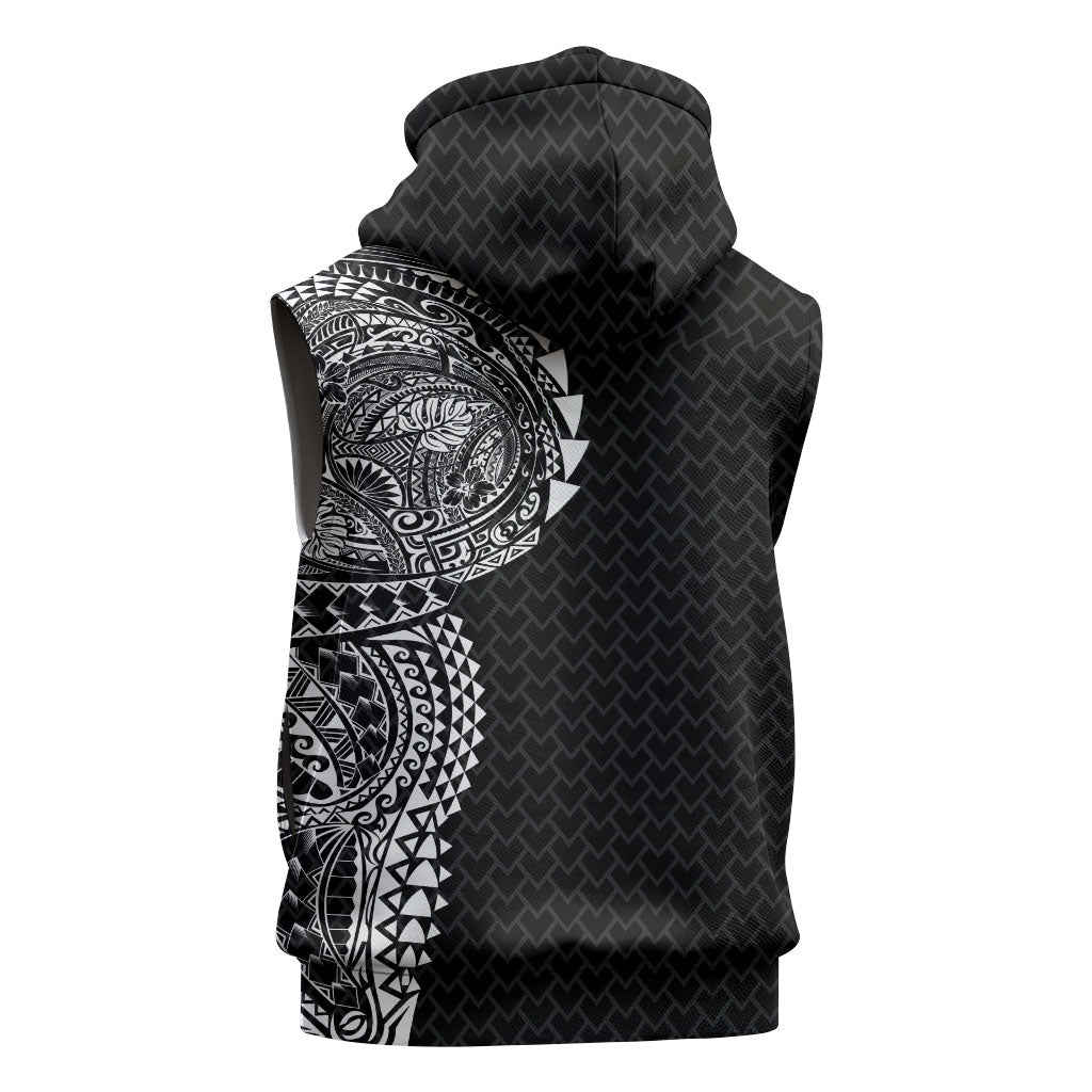 Hawaiian Traditional Tattoos Sleeveless Zip Hoodie Kakau Tribal Tropical Plant Motif Black Color