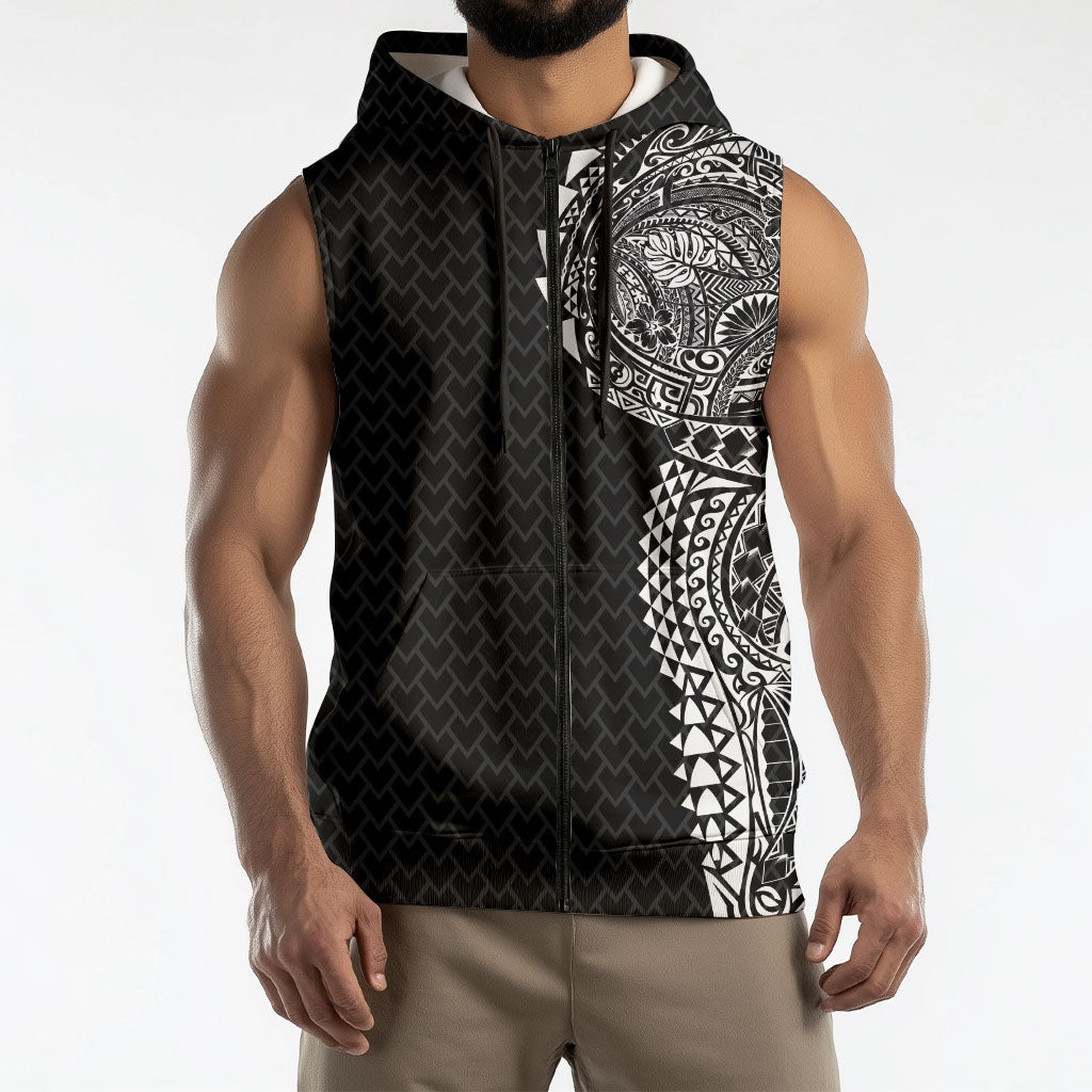 Hawaiian Traditional Tattoos Sleeveless Zip Hoodie Kakau Tribal Tropical Plant Motif Black Color