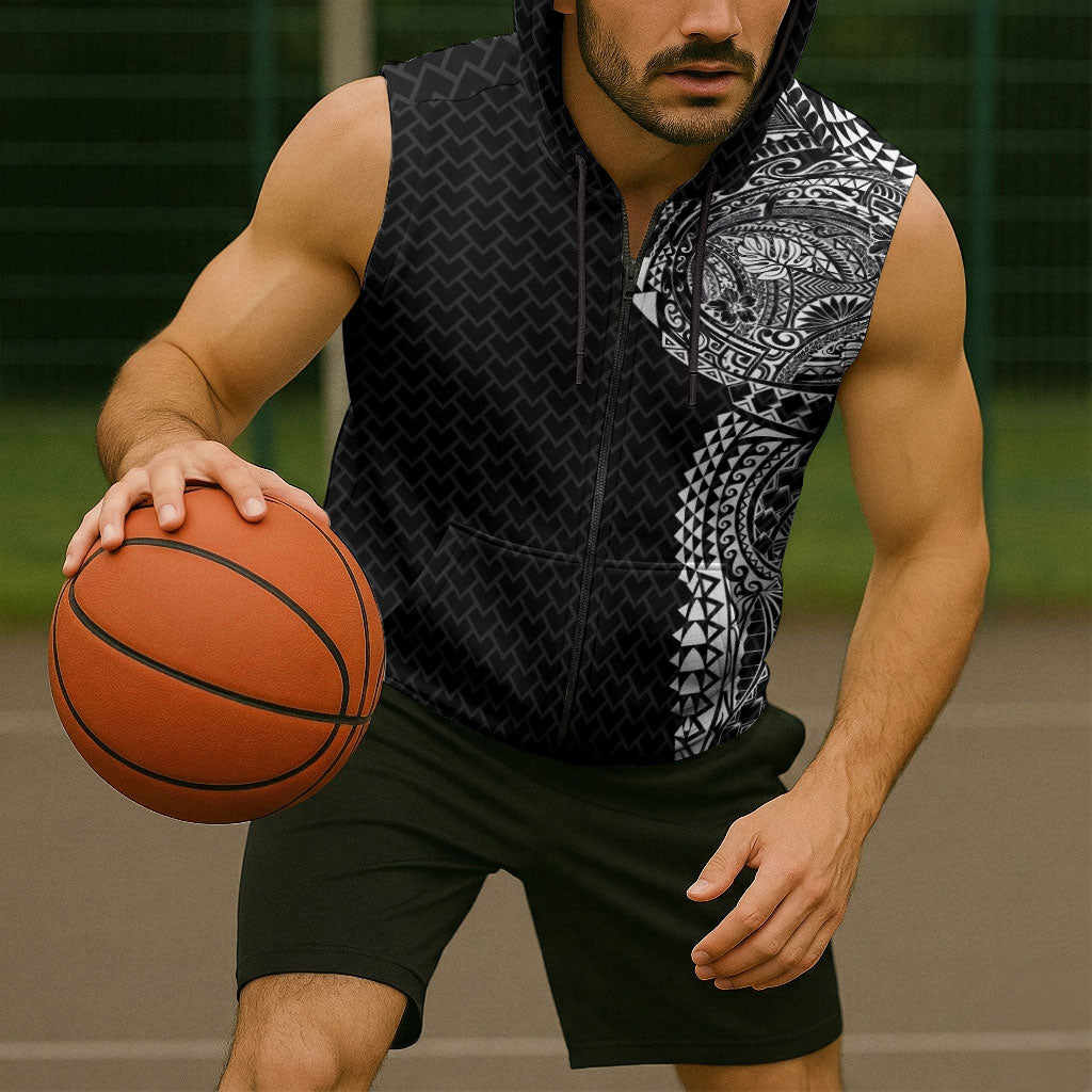 Hawaiian Traditional Tattoos Sleeveless Zip Hoodie Kakau Tribal Tropical Plant Motif Black Color