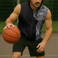 Hawaiian Traditional Tattoos Sleeveless Zip Hoodie Kakau Tribal Tropical Plant Motif Black Color