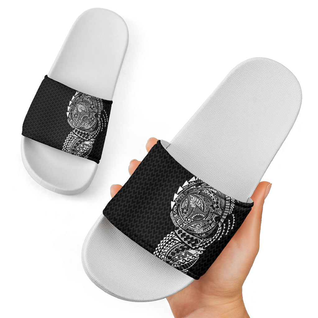 Hawaiian Traditional Tattoos Slide Sandals Kakau Tribal Tropical Plant Motif Black Color