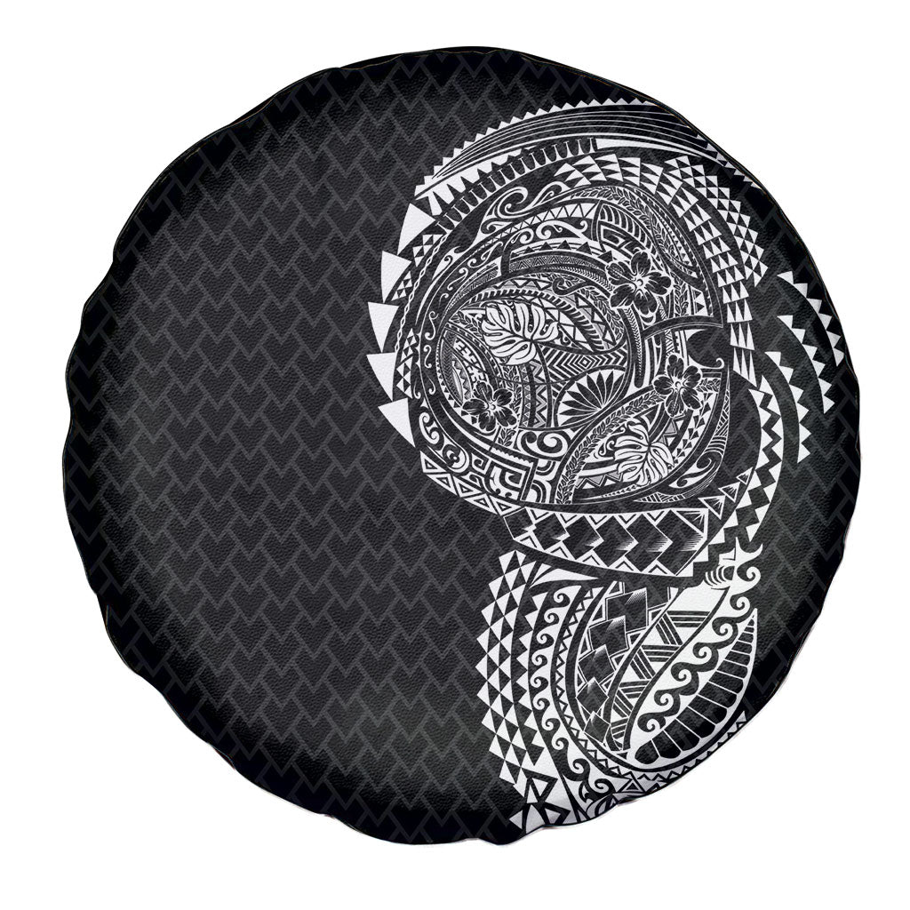 Hawaiian Traditional Tattoos Spare Tire Cover Kakau Tribal Tropical Plant Motif Black Color