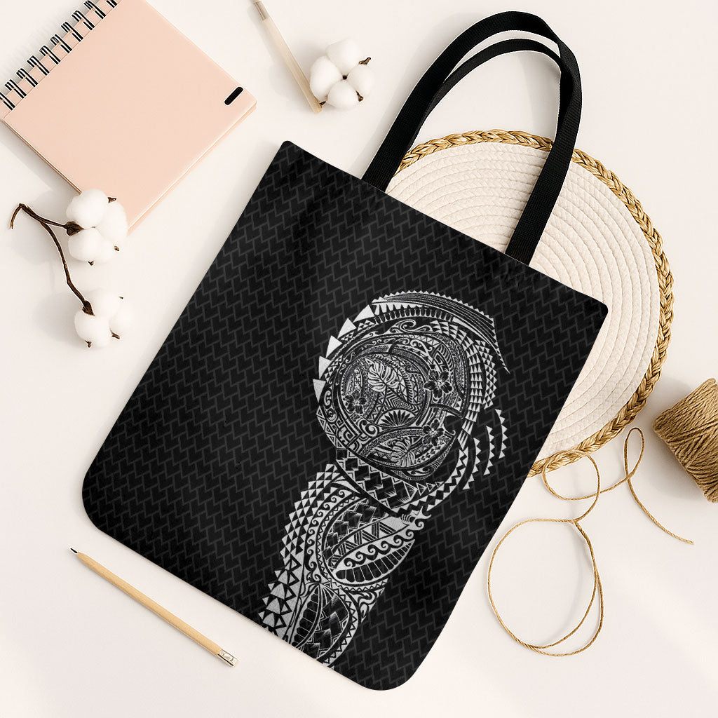 Hawaiian Traditional Tattoos Tote Bag Kakau Tribal Tropical Plant Motif Black Color