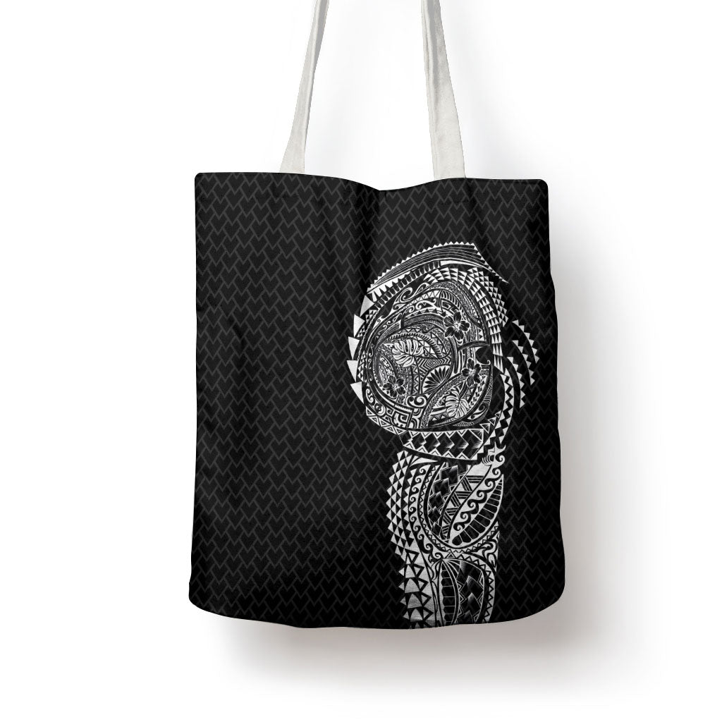 Hawaiian Traditional Tattoos Tote Bag Kakau Tribal Tropical Plant Motif Black Color