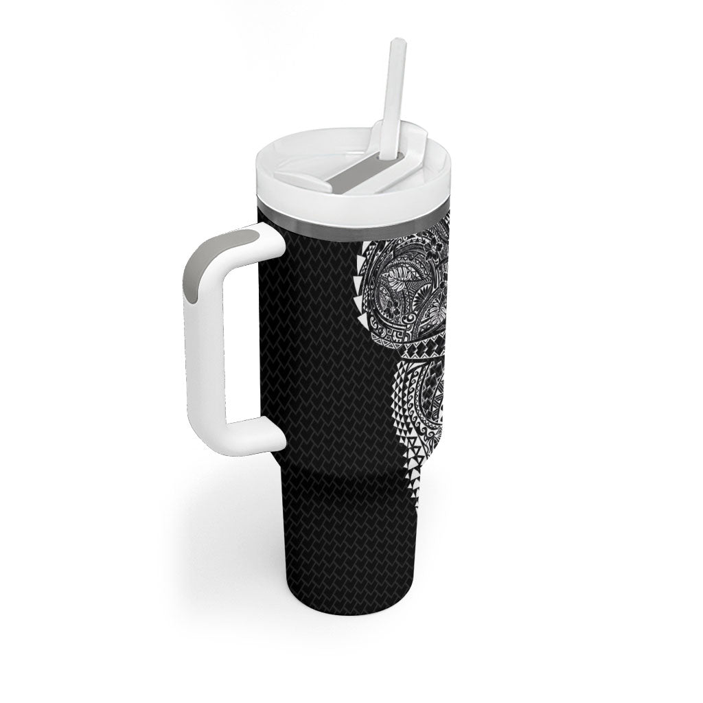 Hawaiian Traditional Tattoos Tumbler With Handle Kakau Tribal Tropical Plant Motif Black Color