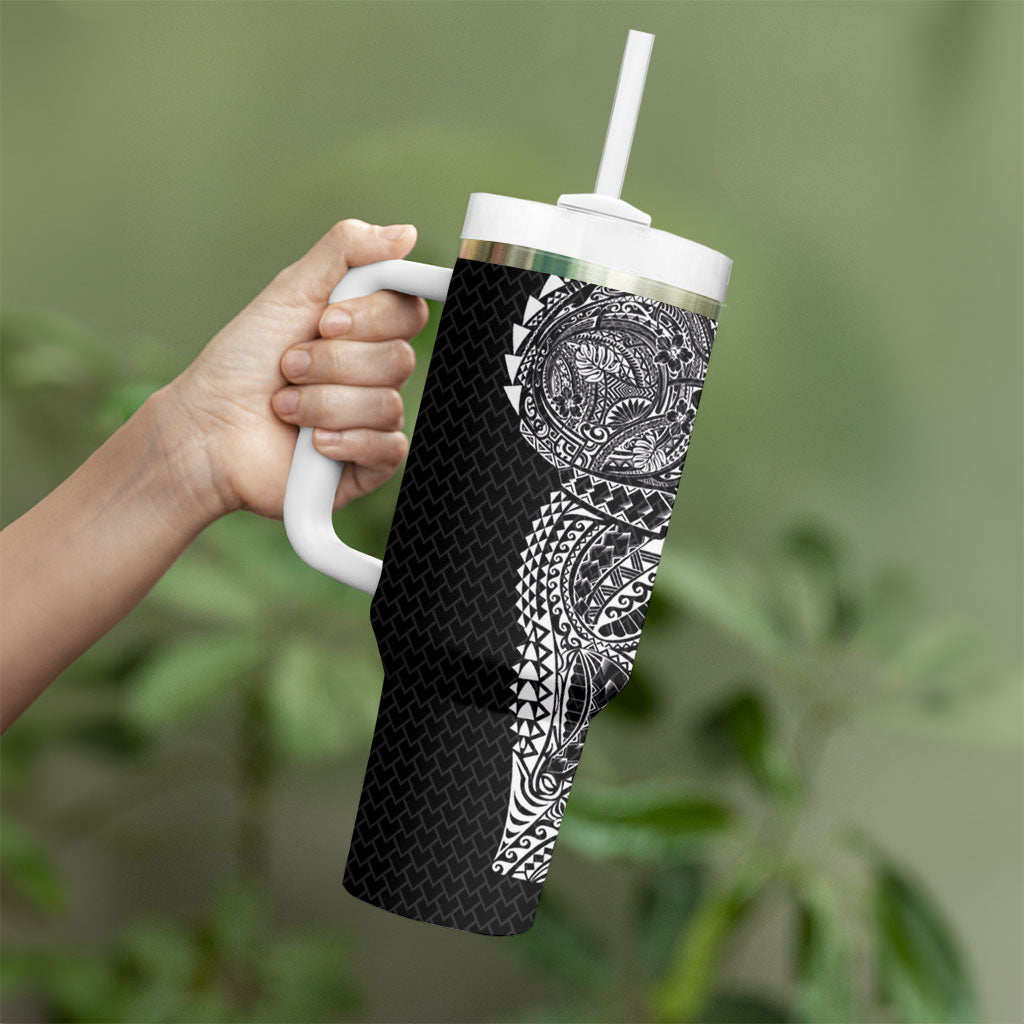 Hawaiian Traditional Tattoos Tumbler With Handle Kakau Tribal Tropical Plant Motif Black Color