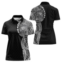 Hawaiian Traditional Tattoos Women Polo Shirt Kakau Tribal Tropical Plant Motif Black Color