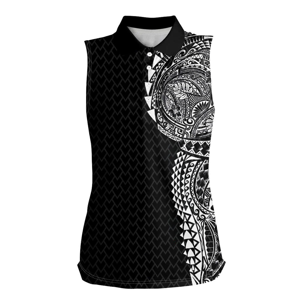 Hawaiian Traditional Tattoos Women Sleeveless Polo Shirt Kakau Tribal Tropical Plant Motif Black Color