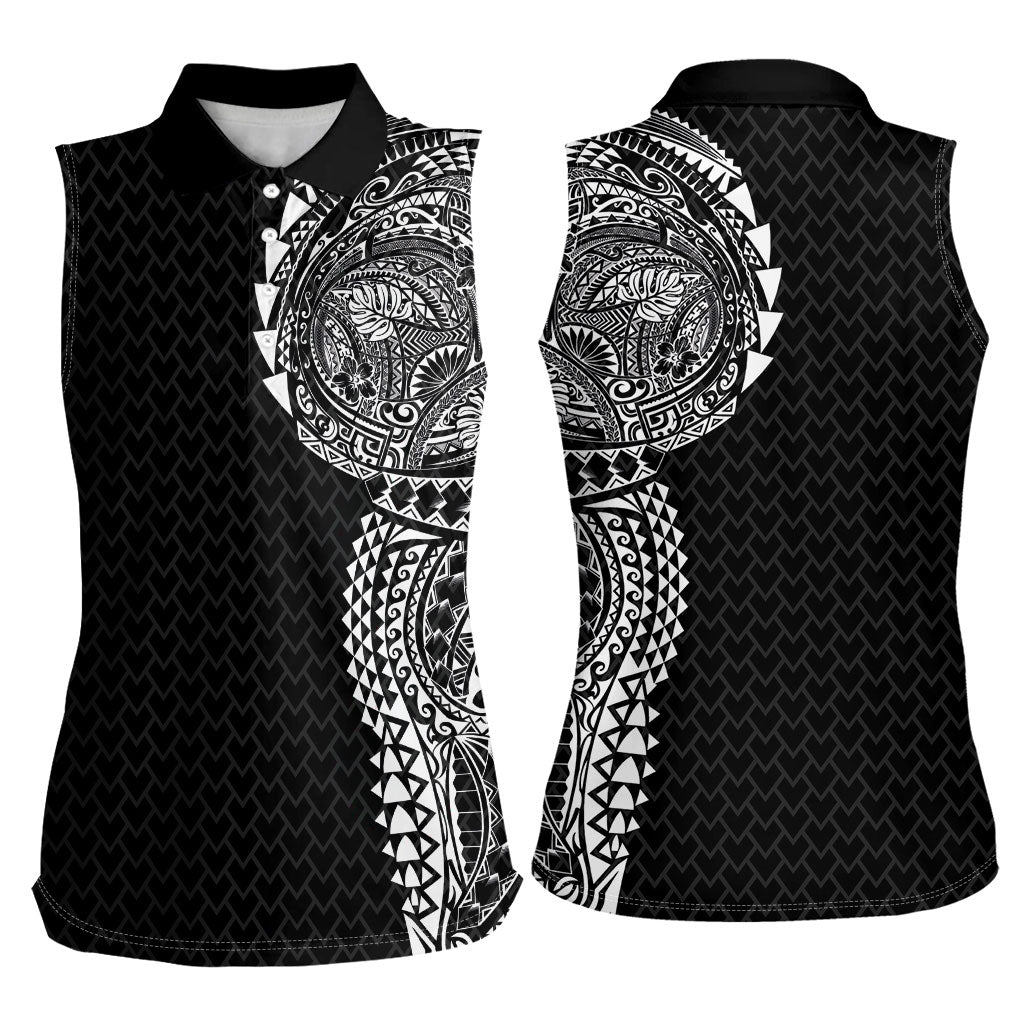 Hawaiian Traditional Tattoos Women Sleeveless Polo Shirt Kakau Tribal Tropical Plant Motif Black Color