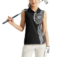 Hawaiian Traditional Tattoos Women Sleeveless Polo Shirt Kakau Tribal Tropical Plant Motif Black Color