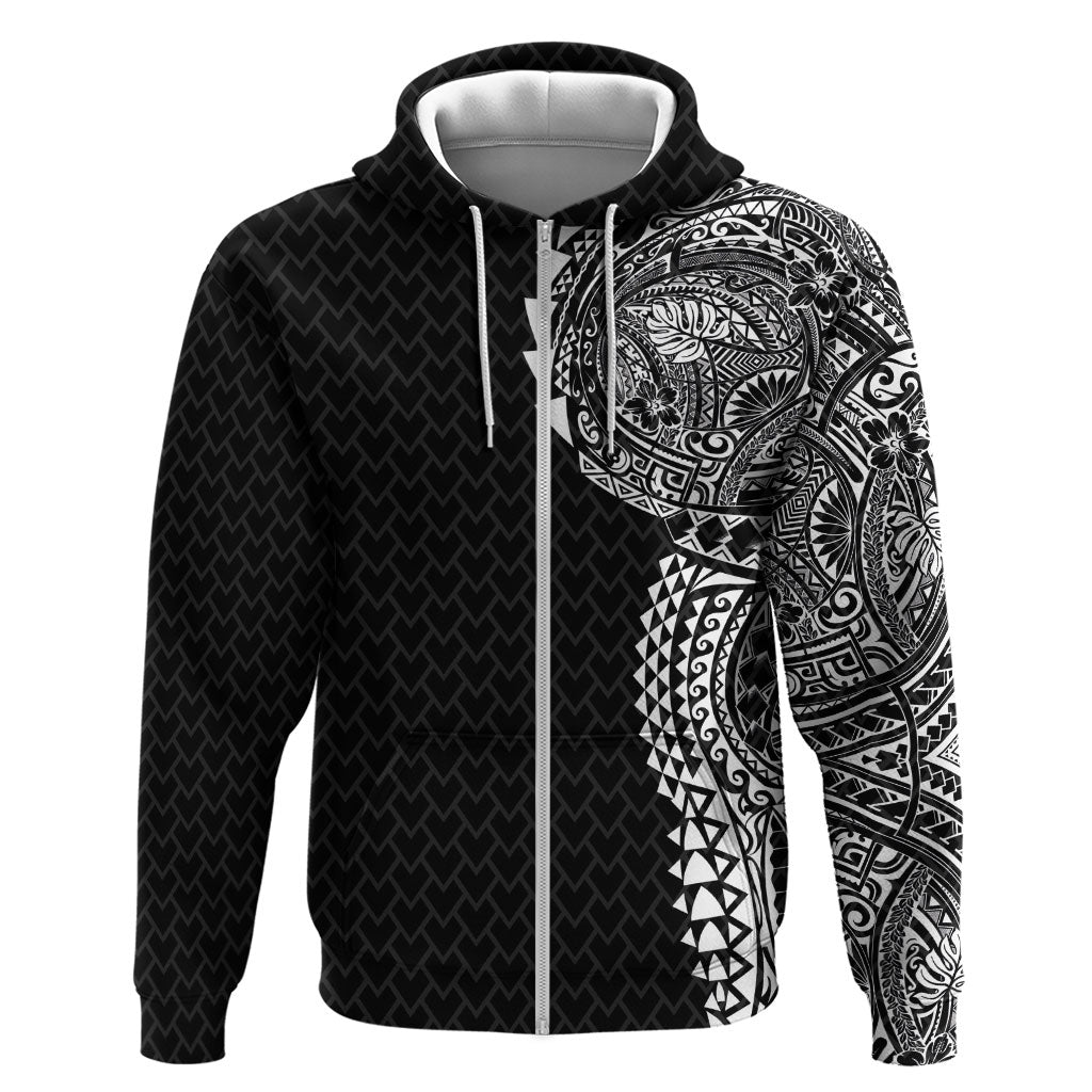 Hawaiian Traditional Tattoos Zip Hoodie Kakau Tribal Tropical Plant Motif Black Color
