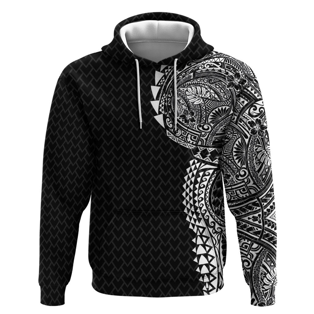 Hawaiian Traditional Tattoos Zip Hoodie Kakau Tribal Tropical Plant Motif Black Color