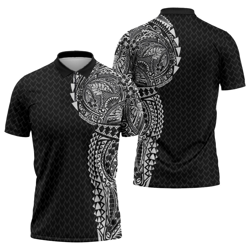 Hawaiian Traditional Tattoos Zipper Polo Shirt Kakau Tribal Tropical Plant Motif Black Color